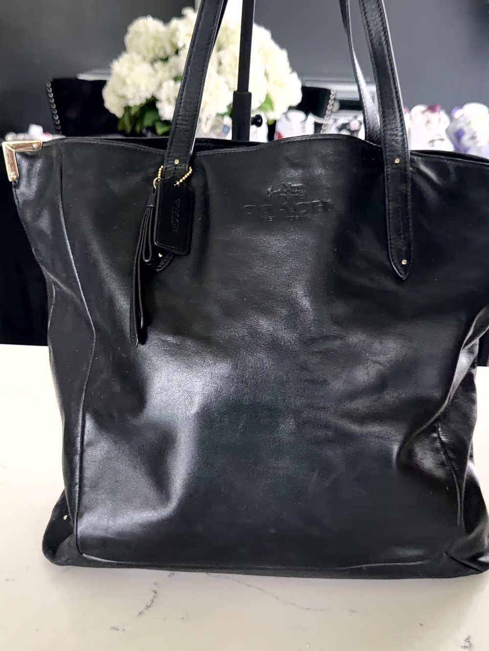 Gorgeous Coach Black Leather Tote with Gold Accent